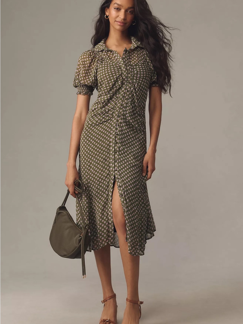 By Anthropologie Olive Green Pink Floral Ruched Midi Dress Puff Sleeve US 10P